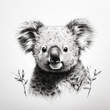 Black and white illustration of a cute koala climbing a tree. Is an endangered and protected animal.