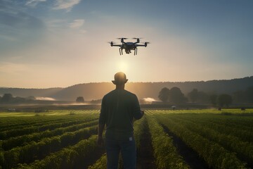 a man in the green farm fields flying a modern tech drone monitoring agriculture, innovative concept - obrazy, fototapety, plakaty