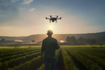 Foto op Canvas a man in the green farm fields flying a modern tech drone monitoring agriculture, innovative concept © DailyLifeImages