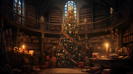 Fototapeta premium Large Christmas tree in the library's center