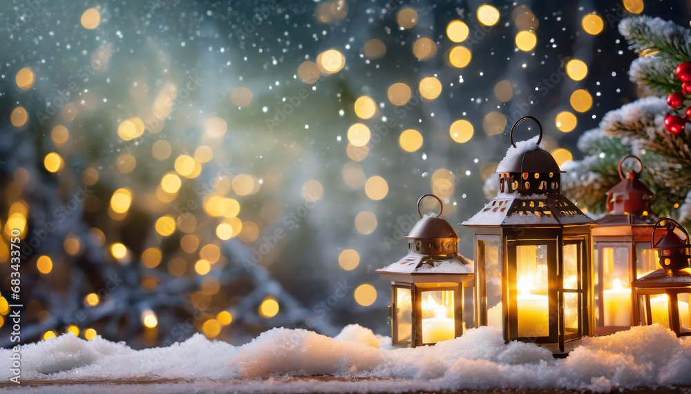 Sticker christmas background with lanterns in snow and glowing lights