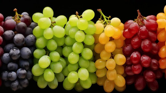 AI generated animation of different varieties of grapes on black background. High quality 4k footage