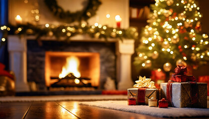 cozy room with fireplace and Christmas tree with presents