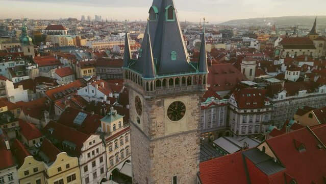Orbital Flight Showcasing the Prague Chimes. Inspiring Drone Shot of the Prague Astronomical Clock. Captivating Timekeeping Wonder in the Heart of Prague. Traveling and Attractions Concept