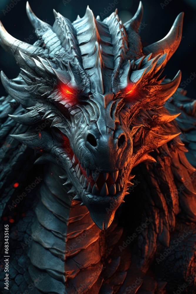 Leinwandbilder a detailed close-up shot of a fearsome dragon with piercing red eyes. this image can be used to add 