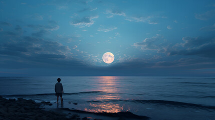 full moon over the sea and in the distance the silhouette of a man