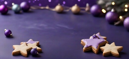 cute star christmas cookies and Christmas ornaments on purple background with space for copy created with generative ai