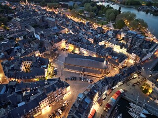 Town centre Honfleur France evening drone aerial