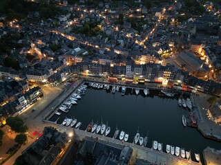 Honfleur harbour France evening drone aerial