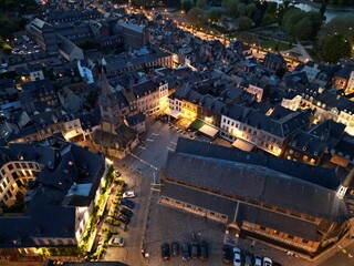 Town centre Honfleur France evening drone aerial