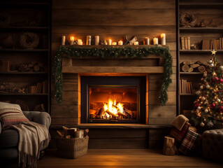 A Photo of A Cozy Winter Living Room With A Fireplace Adorned With Festive Garlands Stockings and Candles