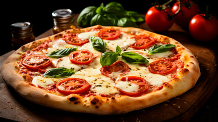 appetizing and tasty typical Italian pizza with mozzarella and cherry tomatoes, on a wooden table.