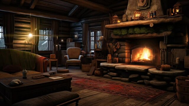 The atmosphere inside the cabin with the fireplace lit in winter. Smooth looping video background animation. Generated with AI