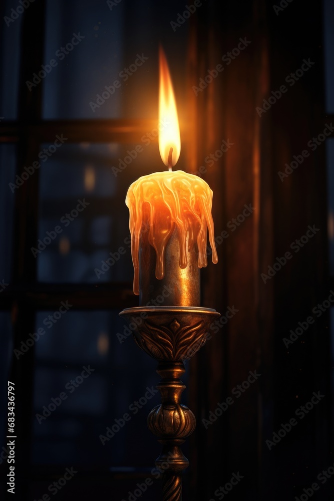 Poster a lit candle sitting in front of a window. perfect for adding a cozy ambiance to any setting.