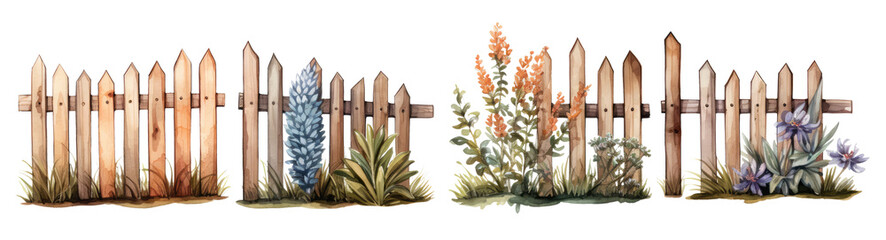 Watercolor wooden fence ornament set. Hand drawn isolated on transparent background.
