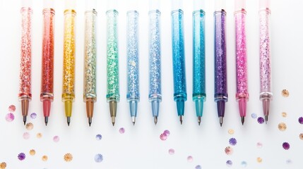 A collection of gel pens with glittering ink, next to metallic colored pencils, showcasing...