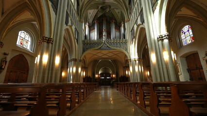 Fribourg, Switzerland Circa March 2022 - Interior of Saint Nicolas Cathedral Fribourg - obrazy, fototapety, plakaty