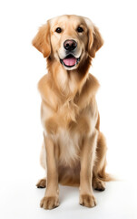 golden retriever dog sitting and looking at the camera in front isolated of white background