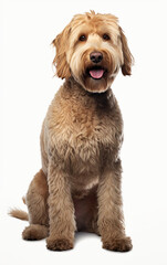 Labradoodle dog sitting and looking at the camera in front isolated of white background