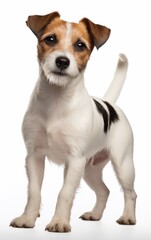 jack russell terrier dog standing and looking at the camera in front isolated of white background