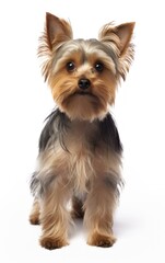 Side view of a Yorkshire Terrier dog standing and looking at the camera in front isolated of white background