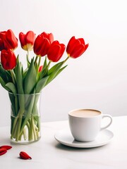 Fototapeta na wymiar Glass vase with bouquet of red tulips and cup of cappuccino on a table.