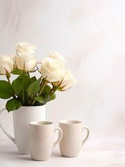 Two cups of coffeee and vase with bouquet of white roses.