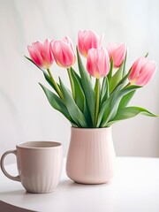 Fototapeta premium Vase with bouquet of pink tulips and cup of coffee on a table.