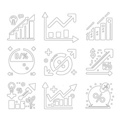 Icons representing percentage growth and decline are placed. Stock vector collection of percent, arrow, up, down, and line style symbols
