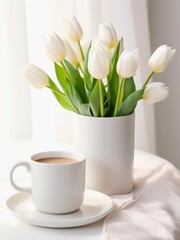 Fototapeta na wymiar Vase with bouquet of white tulips and cup of cappuccino on a table.