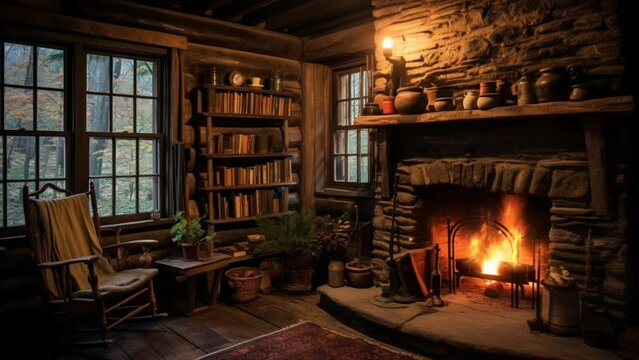 The atmosphere inside the cabin with the fireplace lit in winter. Smooth looping video background animation. Generated with AI