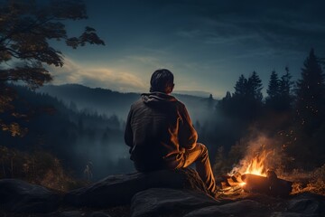 a man sitting near a campfire taking warmth at cold winters night
