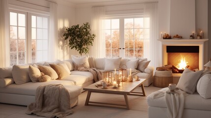 A cozy white living room with plush sofas, warm lighting, and soft furnishings, radiating the...