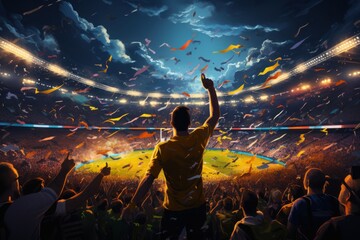 Cheering crowd at a soccer stadium during the match. The concept of sport. Football or Soccer Fans Concept With a Space For a Text. - obrazy, fototapety, plakaty