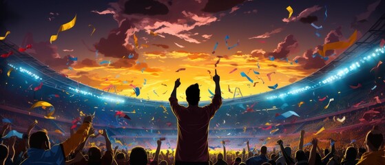 Silhouette of a football fan at the stadium with confetti. Football or Soccer Fans Concept With a Space For a Text. - obrazy, fototapety, plakaty