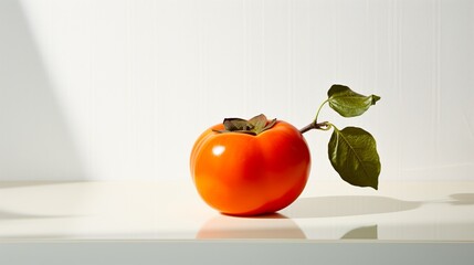 A crisp white background provides the perfect setting for a solitary persimmon, its radiant color...