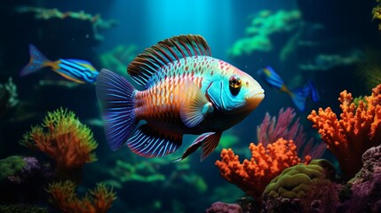 A brilliant and colorful Peacock Cichlid swimming in its high-detailed