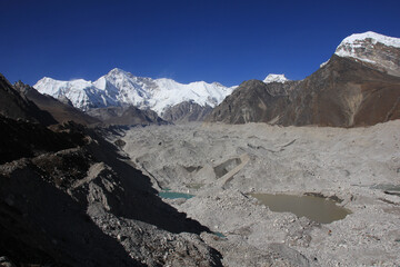 Ngozumba Glacier and Cho Oyu seen from Gokyo, Nepal.