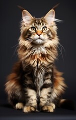 Obraz premium Main coon Cat sitting at the camera in front isolated of a black background