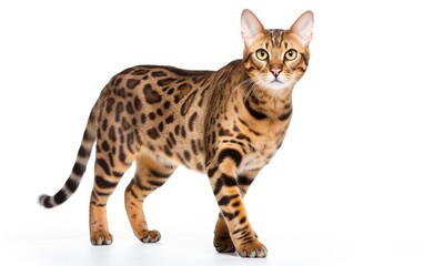 Fototapeta premium Bengal Cat walking at the camera in front isolated of white background