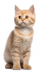 Munchkin Fluffy Cat sitting and looking at the camera in front isolated of white background