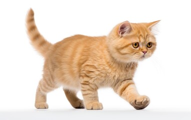 Obraz premium Munchkin Fluffy Cat walking at the camera in front isolated of white background