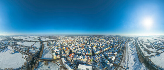 Gunzenhausen im Winter von oben, 360 Grad Rundblick über die Stadt und die Region