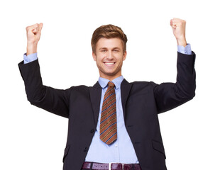 Success, portrait and business man with winning fist in studio for startup, loan or approval on white background. Happy, face and excited entrepreneur with bonus, promotion or feedback celebration