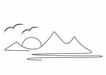 Landscape, one stroke drawing, mountain, lake, sun and birds, vector illustration, line art