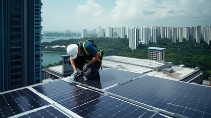 The aerial view of solar panel and engineer worker installing and checking maintain solar panel energy green system in the rooftop of building and home