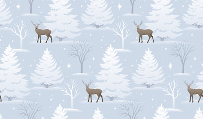 Winter seamless pattern design with deer, spruce, snow and forest. Merry Christmas and Happy New Year wallpaper for craft paper, home decoration, fabric, postcard. Light, elegant holiday background.