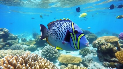 A Blue Jaw Triggerfish (Xanthichthys auromarginatus) swimming gracefully through a vibrant coral reef in the clear, tropical waters of the ocean.