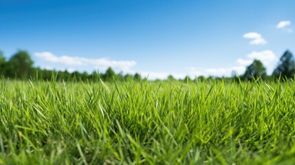 Green grass with sunlight at the sky. Park lawn area nature background