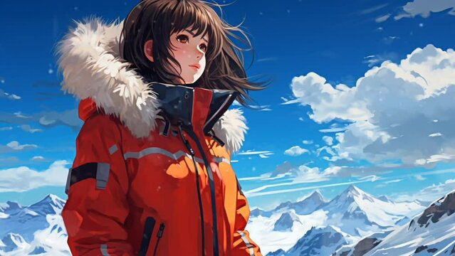 People anime girl jacket snow mountains and snowfall. Loop Animation Video For Lofi Music or background music. Generated with AI